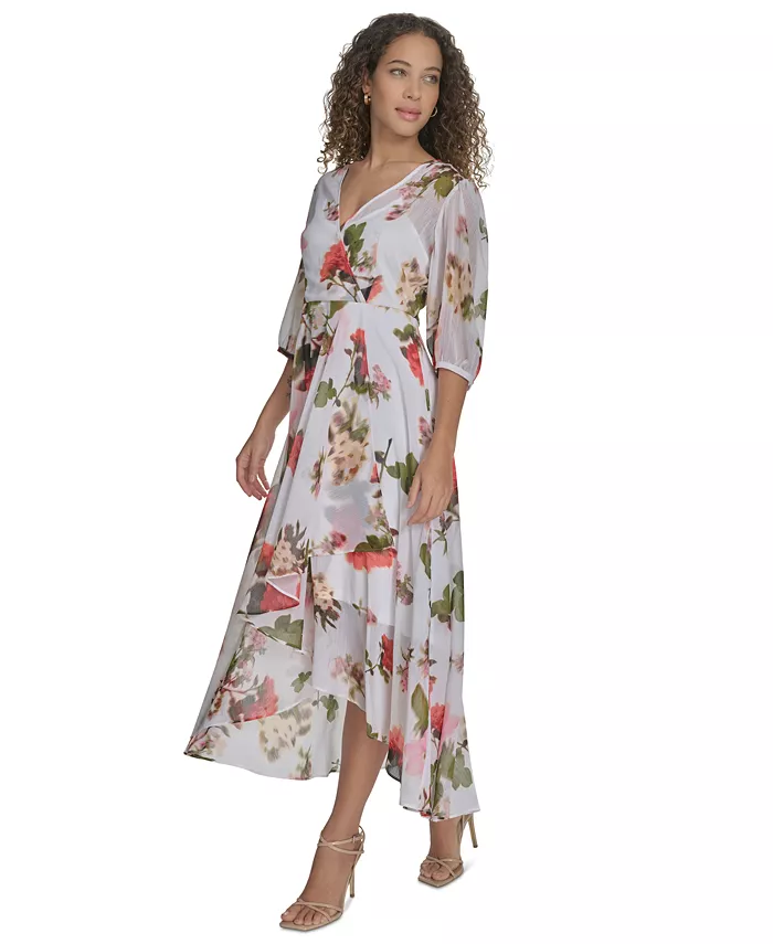Alfani Calvin Klein Women's Floral-print Faux-wrap Chiffon High-low Dress Women's Fashion Shoes & Accessories