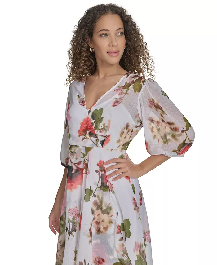 Alfani Calvin Klein Women's Floral-print Faux-wrap Chiffon High-low Dress Women's Fashion Shoes & Accessories