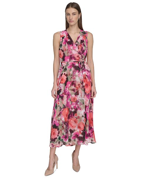 alfani Calvin Klein Women's Floral-Print Faux-Wrap Sleeveless Dress Women's Fashion Shoes & Accessories