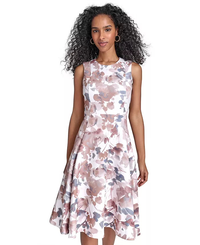 Alfani Calvin Klein Women's Floral-print Scuba Fit & Flare Midi Dress Women's Fashion Shoes & Accessories