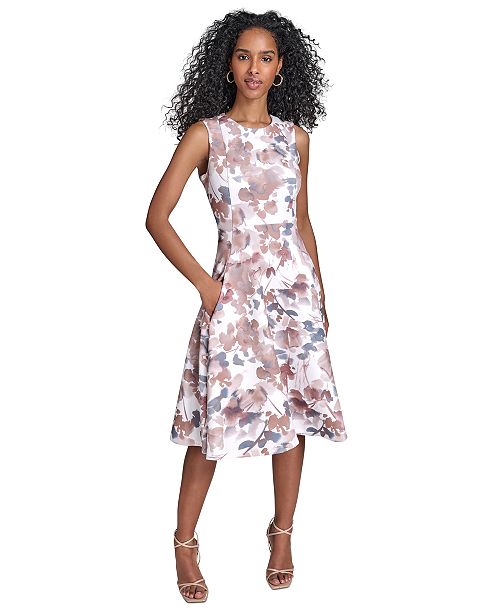 alfani Calvin Klein Women's Floral-print Scuba Fit & Flare Midi Dress Women's Fashion Shoes & Accessories