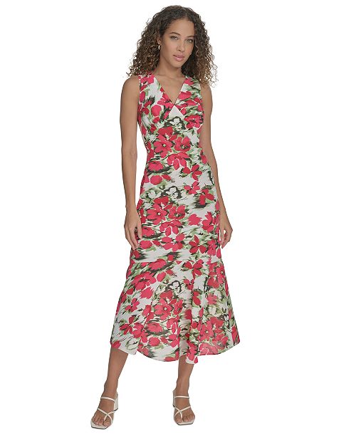 alfani Calvin Klein Women's Floral V-Neck Sleeveless Midi Dress Women's Fashion Shoes & Accessories