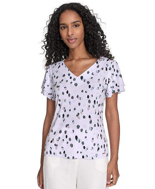 alfani Calvin Klein Women's Flutter-Sleeve V-Neck Blouse Women's Fashion Shoes & Accessories