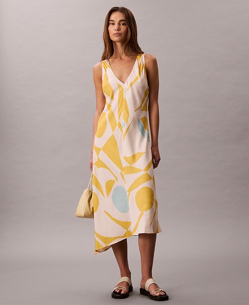 alfani Calvin Klein Women's Geo-Print Asymmetrical-Hem Midi Dress Women's Fashion Shoes & Accessories
