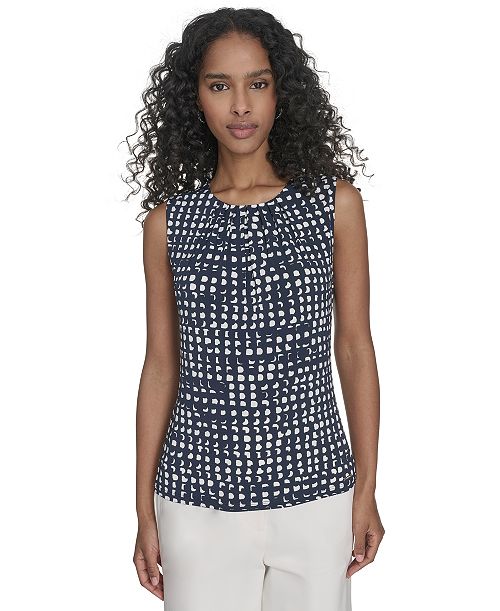 alfani Calvin Klein Women's Printed Pleat-Neck Shell Women's Fashion Shoes & Accessories
