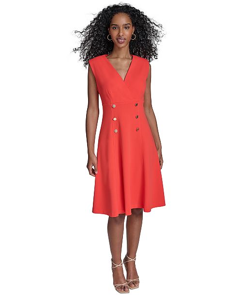 alfani Calvin Klein Women's Scuba-Crepe Faux-Button Dress Women's Fashion Shoes & Accessories
