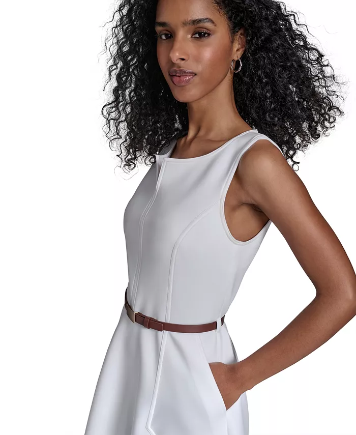 Alfani Calvin Klein Women's Split-Neck Belted Scuba Dress Women's Fashion Shoes & Accessories