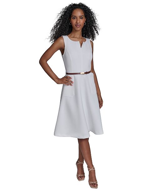 alfani Calvin Klein Women's Split-Neck Belted Scuba Dress Women's Fashion Shoes & Accessories