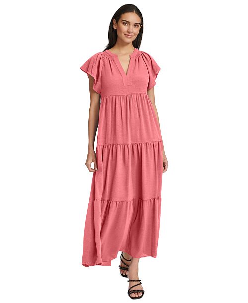 alfani Calvin Klein Women's Split-Neck Tiered Maxi Dress Women's Fashion Shoes & Accessories
