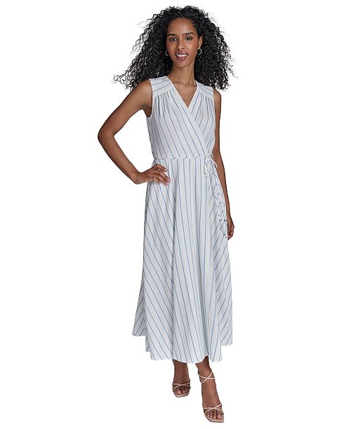 alfani Calvin Klein Women's Striped Faux-Wrap Maxi Dress Women's Fashion Shoes & Accessories