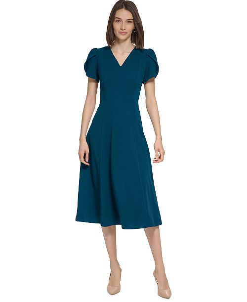 alfani Calvin Klein Women's V-neck Tulip-sleeve Dress Women's Fashion Shoes & Accessories