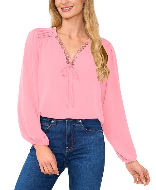 alfani CeCe Women's Circular Trim Pin-Tuck Long Sleeve Blouse Women's Fashion Shoes & Accessories