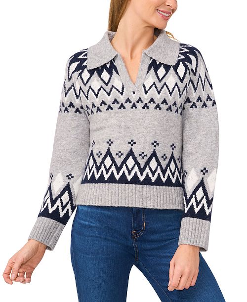 alfani CeCe Women's Collared Fair Isle Sweater Women's Fashion Shoes & Accessories