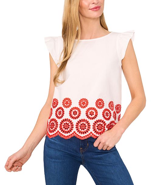 alfani CeCe Women's Contrast Embroidered Cotton Cap-Sleeve Blouse Women's Fashion Shoes & Accessories