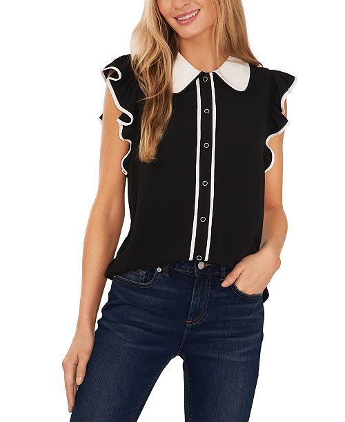 alfani CeCe Women's Contrast Trimmed Flutter Sleeve Blouse Women's Fashion Shoes & Accessories