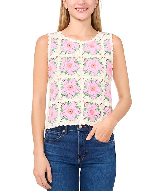 alfani CeCe Women's Crewneck Crochet Flower Tank Top Women's Fashion Shoes & Accessories