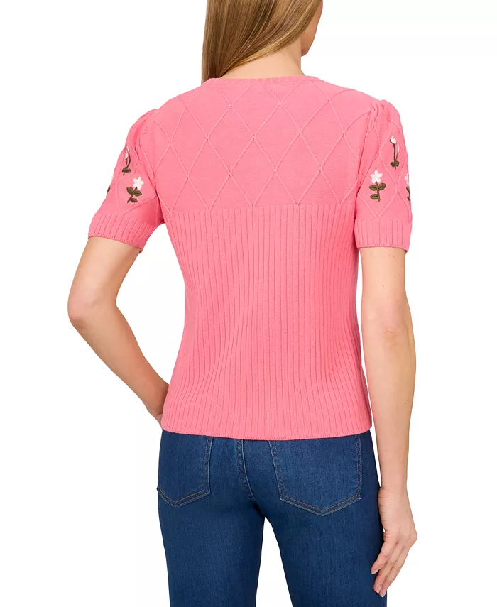 Alfani CeCe Women's Crewneck Flower Embroidered Short Sleeve Cotton Sweater Women's Fashion Shoes & Accessories
