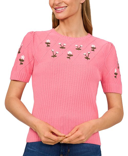 alfani CeCe Women's Crewneck Flower Embroidered Short Sleeve Cotton Sweater Women's Fashion Shoes & Accessories