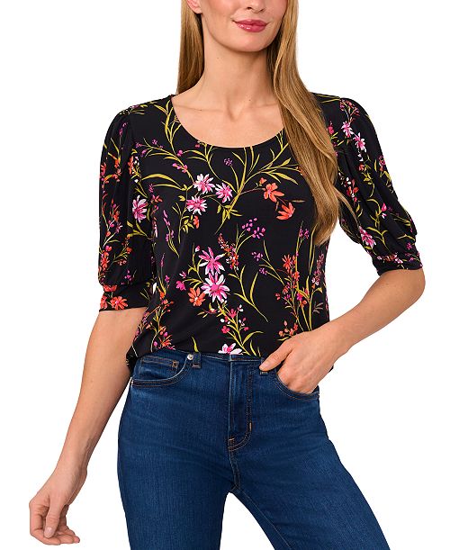 alfani CeCe Women's Crewneck Shirred-Elbow-Sleeve Top Women's Fashion Shoes & Accessories