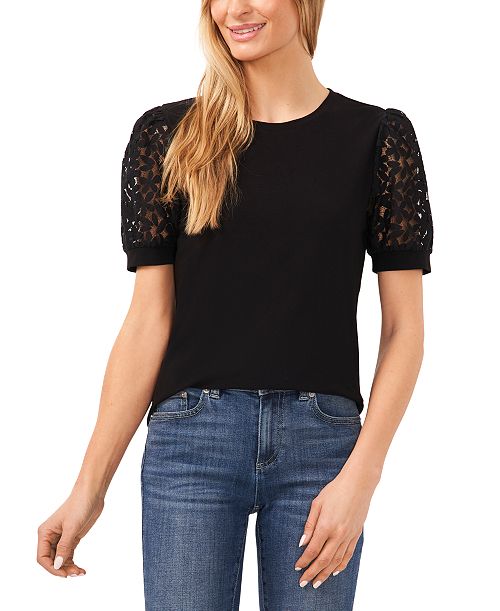 alfani CeCe Women's Crochet Puff Sleeve Mix Media Knit Top Women's Fashion Shoes & Accessories