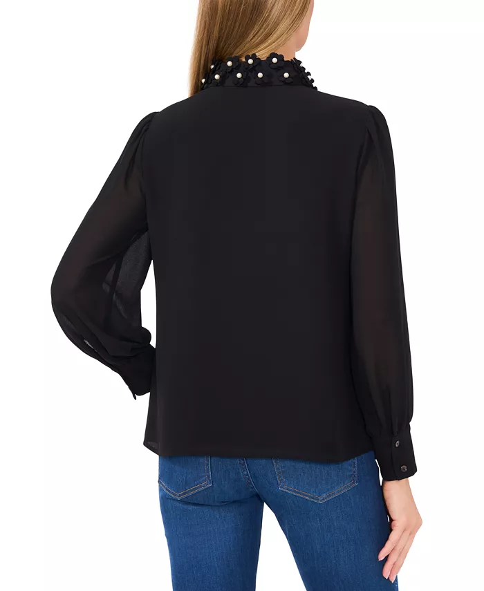 Alfani CeCe Women's Floral-Appliqué Collared Long-Sleeve Blouse Women's Fashion Shoes & Accessories