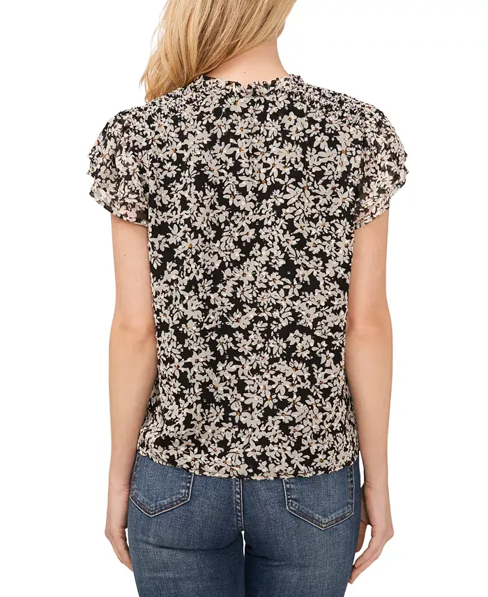 Alfani CeCe Women's Floral Clip-Dot Tie-Neck Flutter-Sleeve Top Women's Fashion Shoes & Accessories