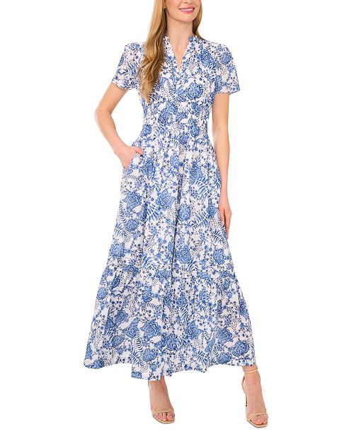 alfani CeCe Women's Floral V-Neck Short-Sleeve Maxi Dress Women's Fashion Shoes & Accessories