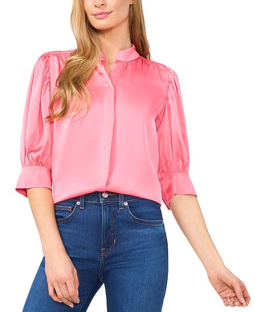 alfani CeCe Women's Gathered 3/4-Sleeve Satin Blouse Women's Fashion Shoes & Accessories