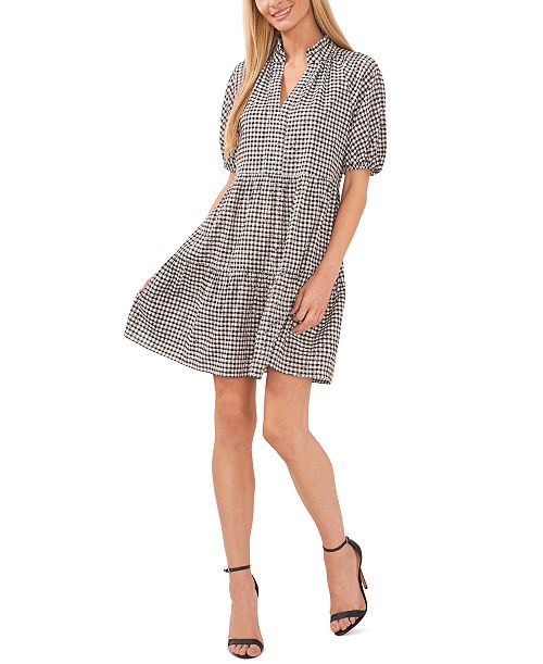 alfani CeCe Women's Gingham Babydoll Elbow-Sleeve Tiered Dress Women's Fashion Shoes & Accessories