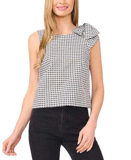 alfani CeCe Women's Gingham Bow-Shoulder Sleeveless Top Women's Fashion Shoes & Accessories