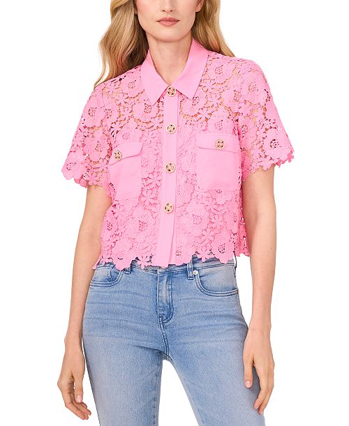 alfani CeCe Women's Lace Short-Sleeve Button-Up Blouse Women's Fashion Shoes & Accessories