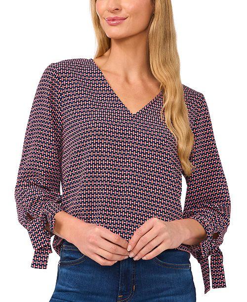 alfani CeCe Women's Long Sleeve Garden Geo Tie Sleeve Blouse Women's Fashion Shoes & Accessories