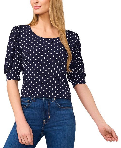 alfani CeCe Women's Polka-Dot Elbow-Sleeve Round-Neck Top Women's Fashion Shoes & Accessories