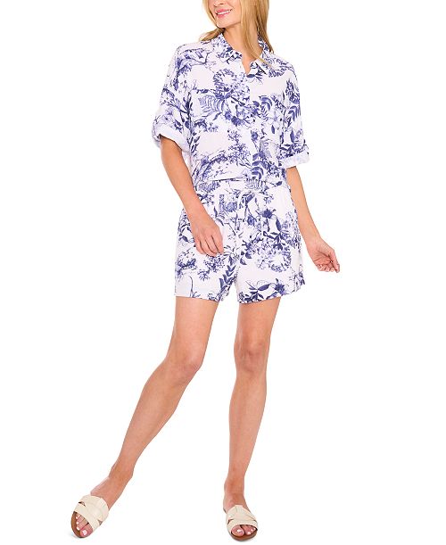 alfani CeCe Women's Printed Cotton Collared Button-Front Shirt & Printed Cotton Pull-On Shorts Women's Fashion Shoes & Accessories