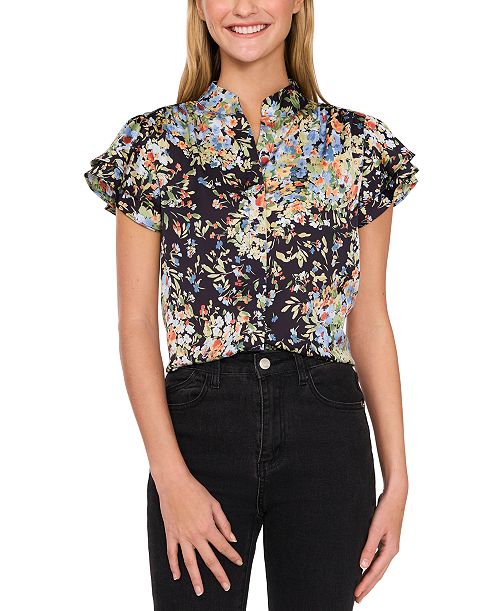 alfani CeCe Women's Printed Flutter-Sleeve Hidden-Placket Blouse Women's Fashion Shoes & Accessories