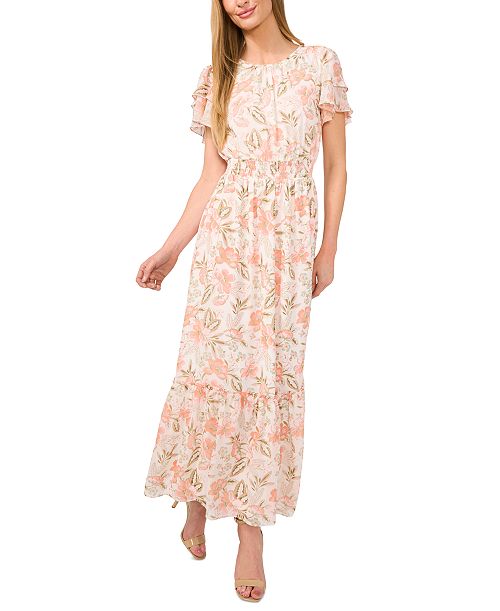 alfani CeCe Women's Printed Flutter-Sleeve Maxi Dress Women's Fashion Shoes & Accessories