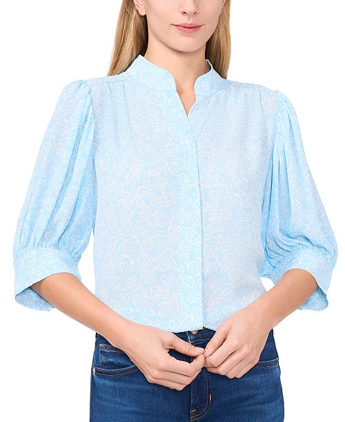 alfani CeCe Women's Printed Open-Collar Elbow-Sleeve Top Women's Fashion Shoes & Accessories