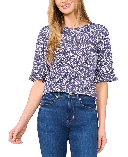 alfani CeCe Women's Printed Ruffle-Cuff Crewneck Knit Top Women's Fashion Shoes & Accessories