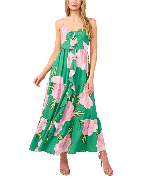 alfani CeCe Women's Ruffle-Front Tiered Floral Maxi Dress Women's Fashion Shoes & Accessories