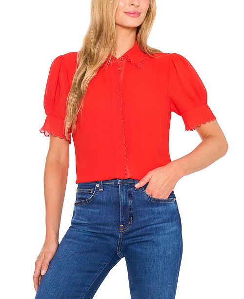 alfani CeCe Women's Scalloped Puff-Sleeve Button-Front Blouse Women's Fashion Shoes & Accessories