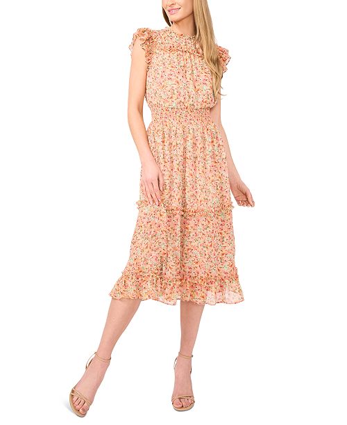 alfani CeCe Women's Smocked Waist Ruffle Tiered Midi Dress Women's Fashion Shoes & Accessories