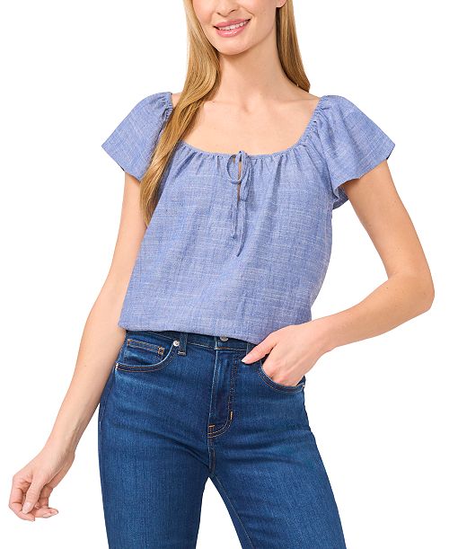 alfani CeCe Women's Split-Neck Flutter-Sleeve Top Women's Fashion Shoes & Accessories