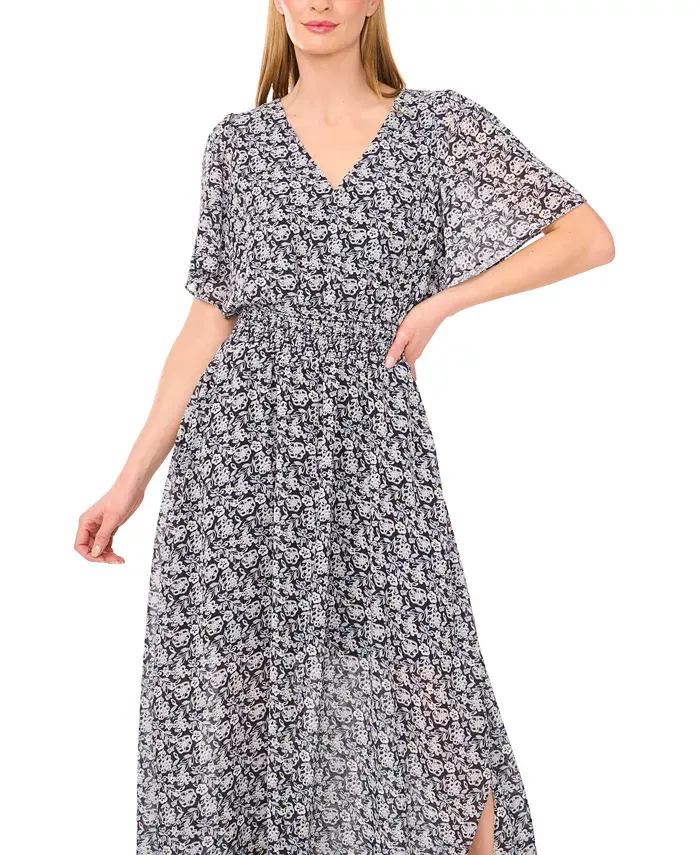 Alfani CeCe Women's V-Neck Smocked-Waist Floral-Print Maxi Dress Women's Fashion Shoes & Accessories