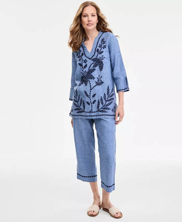 Alfani Charter Club Women's 100% Linen 3/4-Sleeve Tunic Top Exclusively At Macy's Women's Fashion Shoes & Accessories
