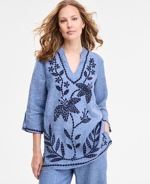alfani Charter Club Women's 100% Linen 3/4-Sleeve Tunic Top Exclusively at Macy's Women's Fashion Shoes & Accessories