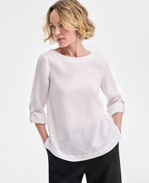alfani Charter Club Women's 100% Linen D-Ring Top Created for Macy's Women's Fashion Shoes & Accessories
