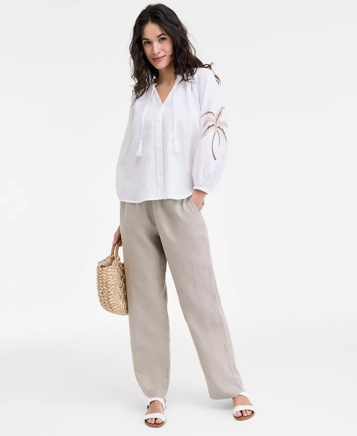 Alfani Charter Club Women's 100% Linen Drawstring Pants & 100% Linen Embroidered Top Exclusively At Macy's Women's Fashion Shoes & Accessories