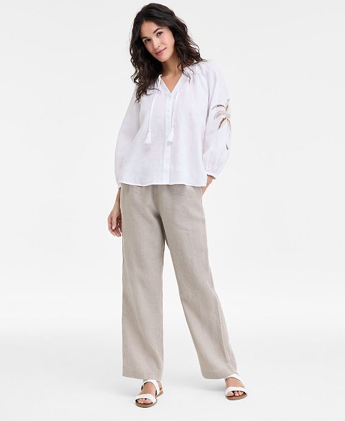 alfani Charter Club Women's 100% Linen Drawstring Pants & 100% Linen Embroidered Top Exclusively at Macy's Women's Fashion Shoes & Accessories