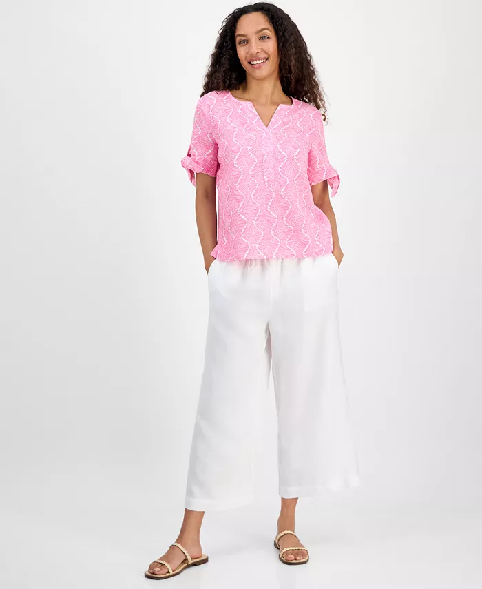 Alfani Charter Club Women's 100% Linen Printed Tie-Cuff Blouse Exclusively At Macy's Women's Fashion Shoes & Accessories