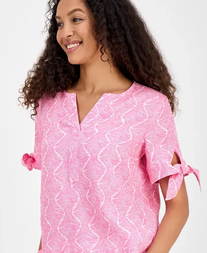 Alfani Charter Club Women's 100% Linen Printed Tie-Cuff Blouse Exclusively At Macy's Women's Fashion Shoes & Accessories